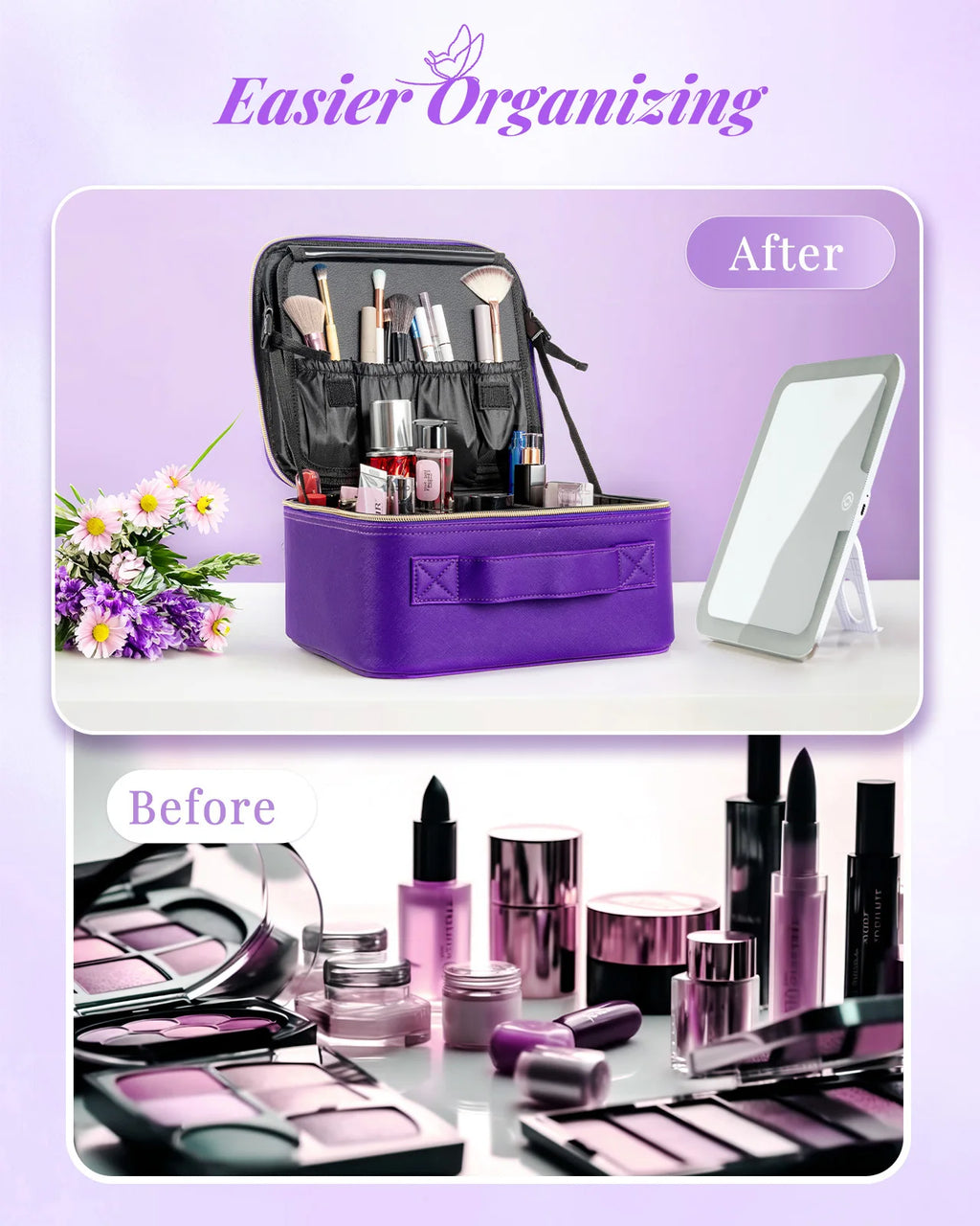 Makeup Bag With Mirror lamp,Travel Waterproof Necessary Beauty Brush Embroidery Tool Storage Cosmetic Case Portable Makeup Box