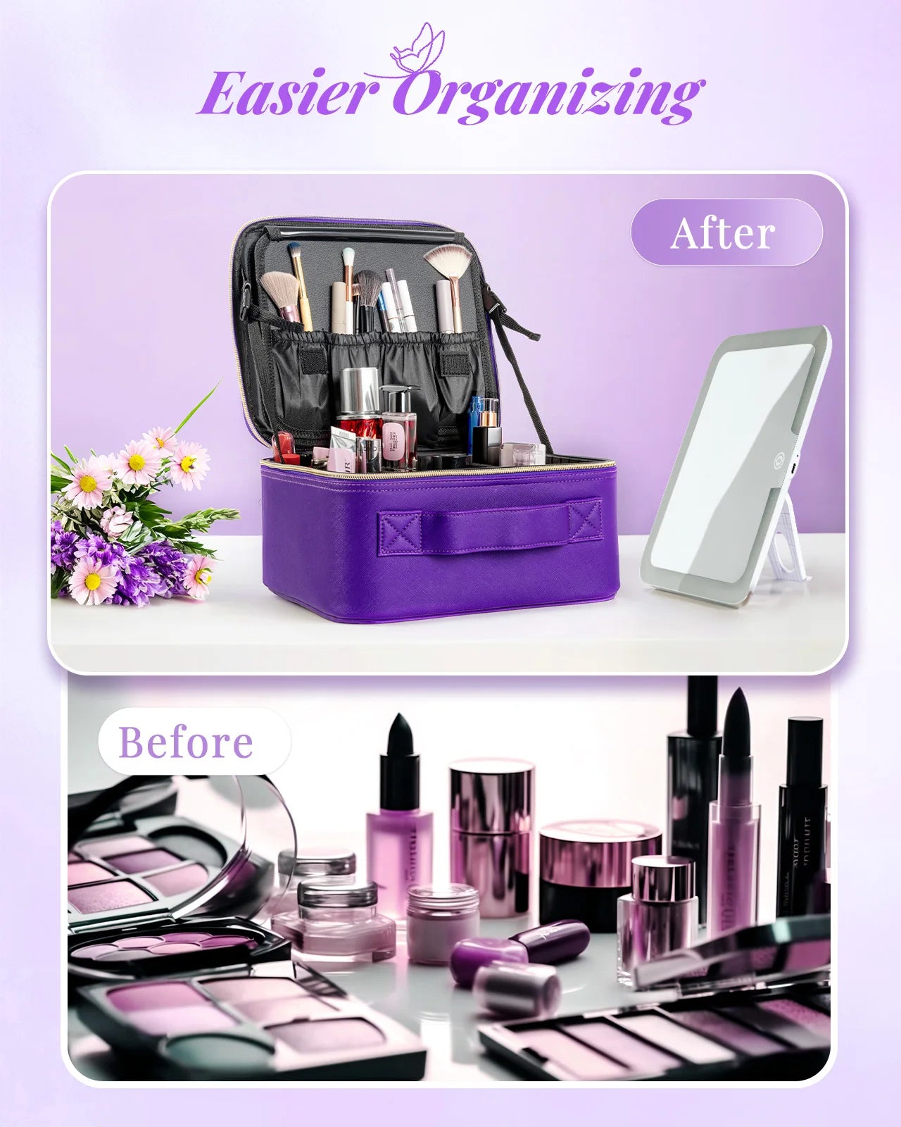 Makeup Bag With Mirror lamp,Travel Waterproof Necessary Beauty Brush Embroidery Tool Storage Cosmetic Case Portable Makeup Box